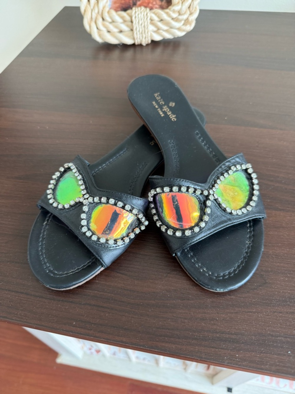 kate spade Black Leather Slide Sandals with Iridescent Gem Accents - Picture 2 of 3